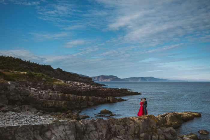 Asian Wedding in Red Dress at Cape Spear Newfoundland and Labrador