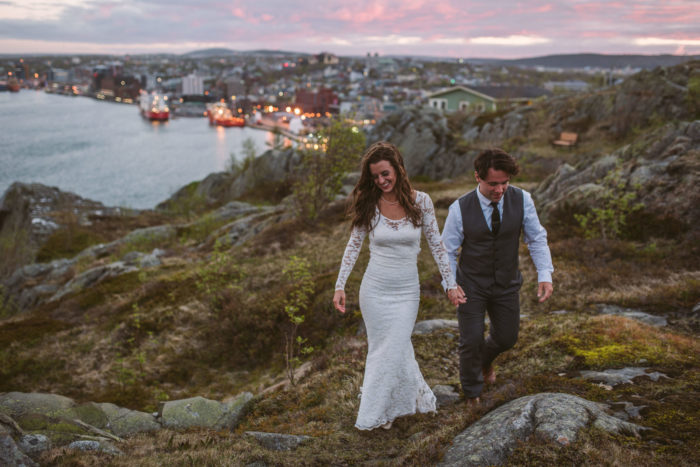 Bride in Sooley Dress enjoying sunset on Signal Hill